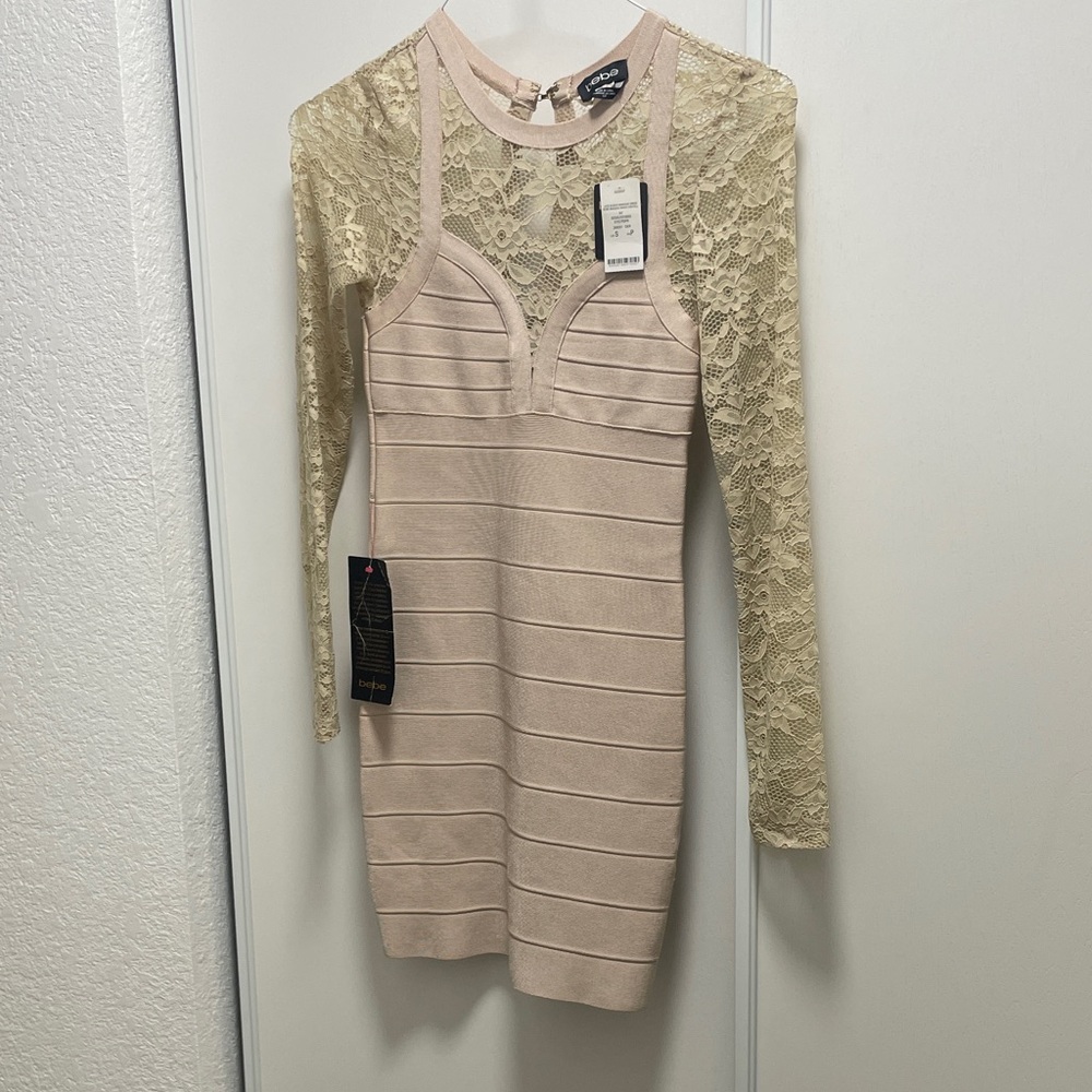 bebe Long Sleeve Lace Dress - Cream and Gold
